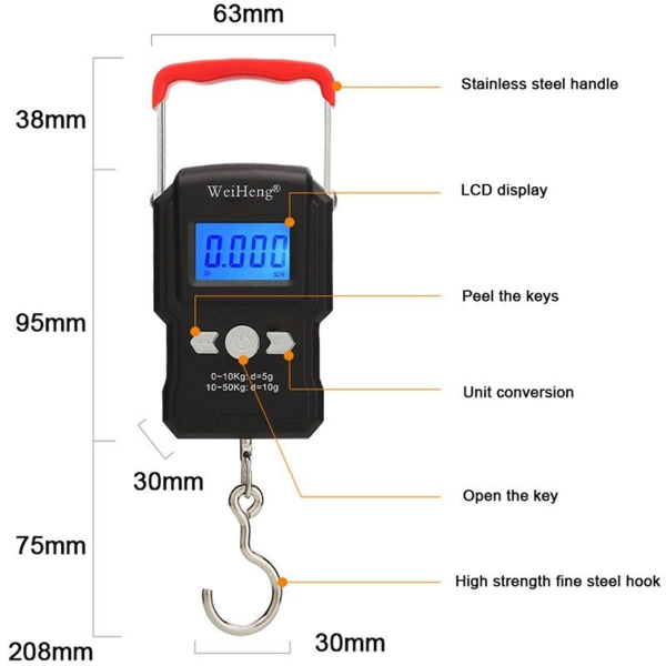 WH-A23L Express 50kg Bärbar Elektronisk Handvåg Levereras utan batteri