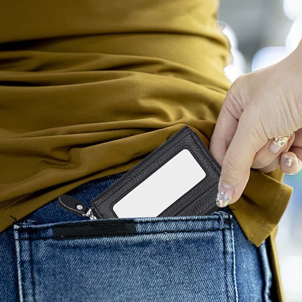 Lille læderpung til kvinder, damepung med lynlås, RFID sort