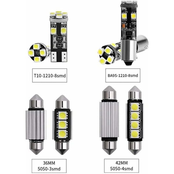 LED-pærer 6000-8000K 12V Hvide lyspærer Mini indvendige pærer Belysning til biler Nummerplade Kit med 21 stykker KLB