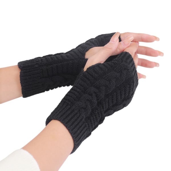 Ribbede håndledsarmvarmere Stretchy kabelstrikkede fingerløse handsker Sort KLB
