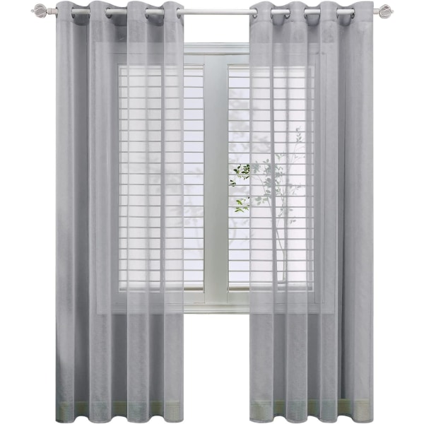 Sæt med 2 150x250cm Bredde x Højde Grå Gennemsigtige Gardiner i Linned-Effekt - Med Øjer Semi-Transparente Soveværelse Dekoration Gardin til Stue Ri-