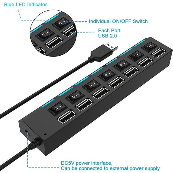 Multi-port USB-splitter, 7-i-1 højhastigheds USB 2.0-hub