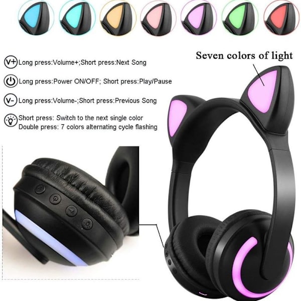 Trådløst Bluetooth-katteøre-headset med mikrofon og 7-farget LED