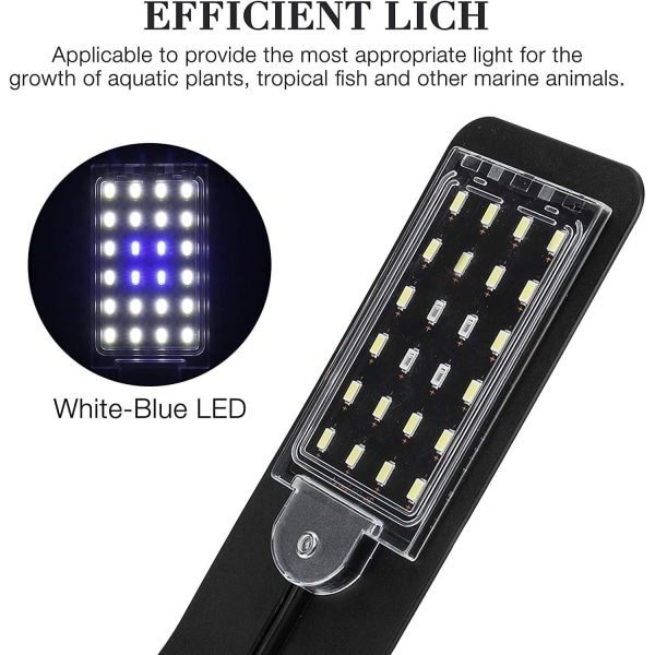 Akvarielampe, ultratynd LED-lampe Akvarielampe LED Akvarielampe Mini Akvarielampe med 24 LED Hvidt og blåt lys til fisk og planter, 10W-EU-stik (sort)