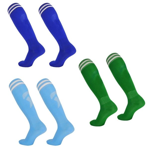 Knæhøje fodboldsokker - 3 par lange, farve blå, hvid + havblå + græsgrøn KLB