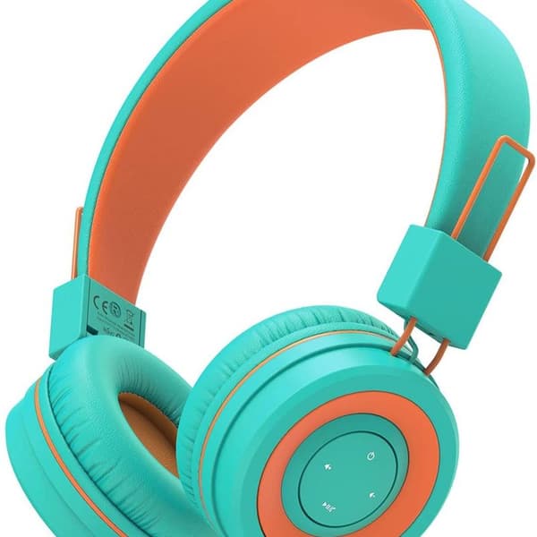 Barne-Bluetooth-headset. Barne-headset med grønn/oransje