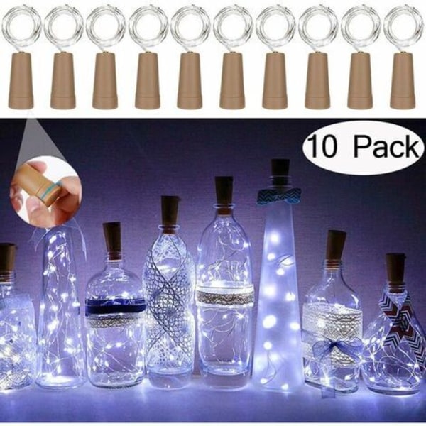 10 pakke 20 LED kobbertråd vinflaske lys med kork ledning til bryllup julefest dekoration (hvid)