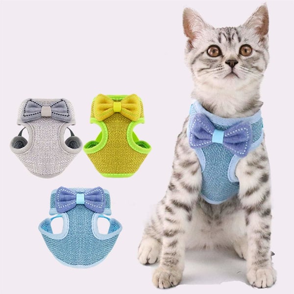 Cat Vest and Belt Set,Cute Cat Bow Decoration,Adjustable Vest,Anti-Escape Harness,Puppy Vest Style Traction Rope,Small Green