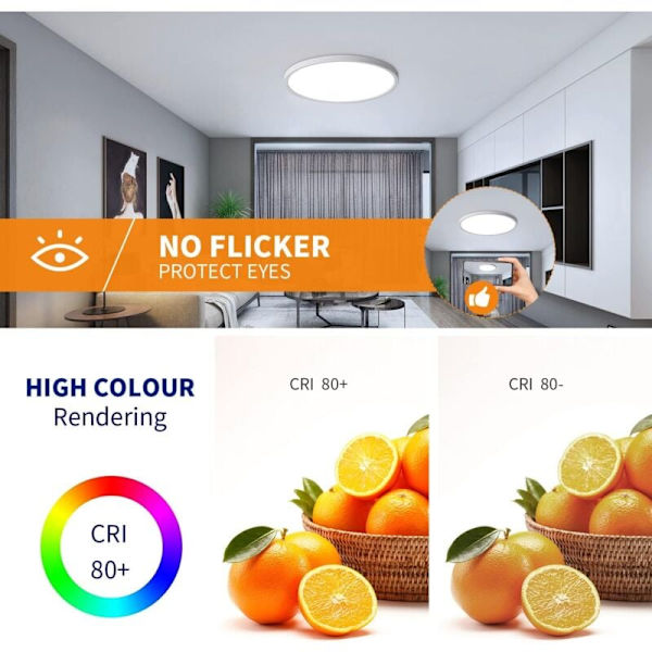 80W himmennettävä LED-kattovalaisin, pyöreä paneelikattovalaisin, säädettävä kirkkauslämpötila 2700K-6500K, Ø48cm, valkoinen kolminkertaisesti suojattu reuna KLB