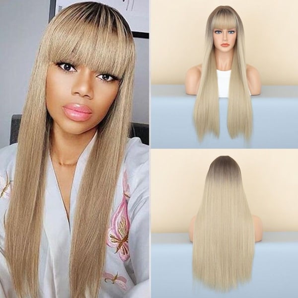 Women's Wig Gradient Brown Gold Qi Bangs Long Straight Hair