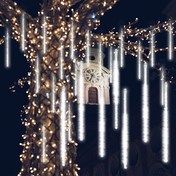 Meteordusj 30 cm, 8 vanntette spiralrør lysstreng, 288 lysdioder Meteordusjlys til jul Utendørs hagetre dekorasjon (hvit)