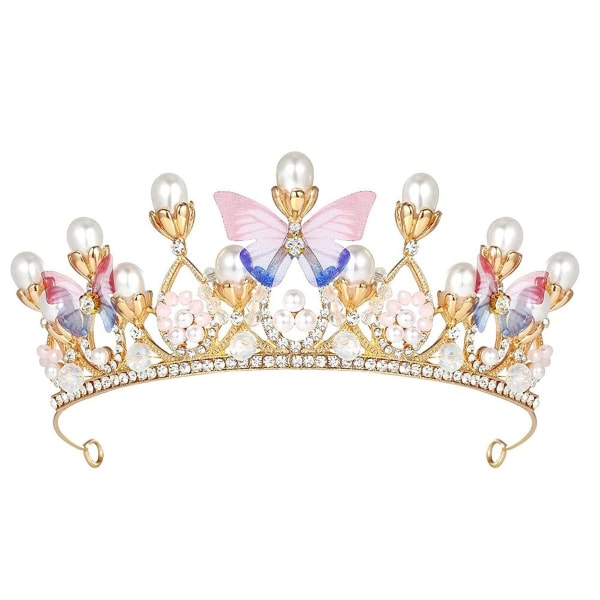 Princess Tiaras for Girls Gold Crown with Rhinestone Pearl Butterfly KLB
