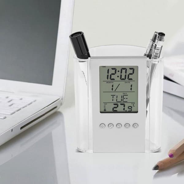 Pen Pen Holder Digital LCD Skrivbordslarm Klocka Pen Holder Kalender Timer