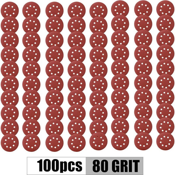 100 stk. 125 mm slibeskive til P80/P120 korn excentersliber, 8 huller krog- og løkke-skive med velcro, farve: P80 KLB