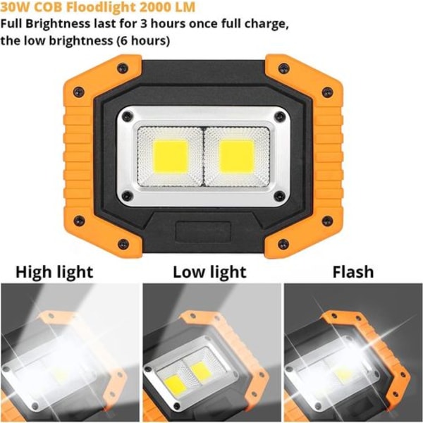 LED-byggbelysning med batteri, 2 set, laddningsbar strålkastare med batteri 30 W, 2000 lm