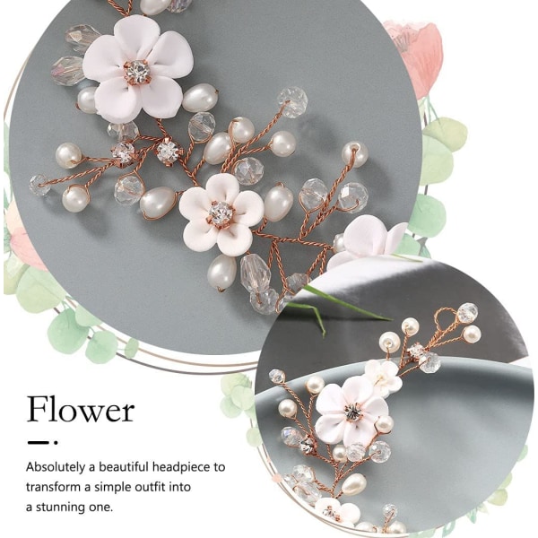 Brud Bryllup Hår Vine Blomster Hår Tilbehør Hodebånd Krystall Brud Hodeplagg for Kvinner og Jenter(Rose Gull)