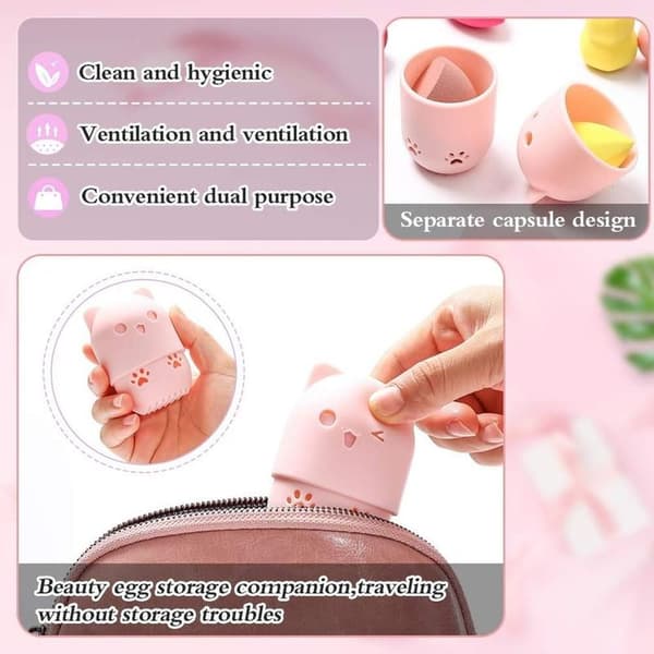 Makeup svampeholder, 2 stk. Makeup Blender svampebeholder, sød kat