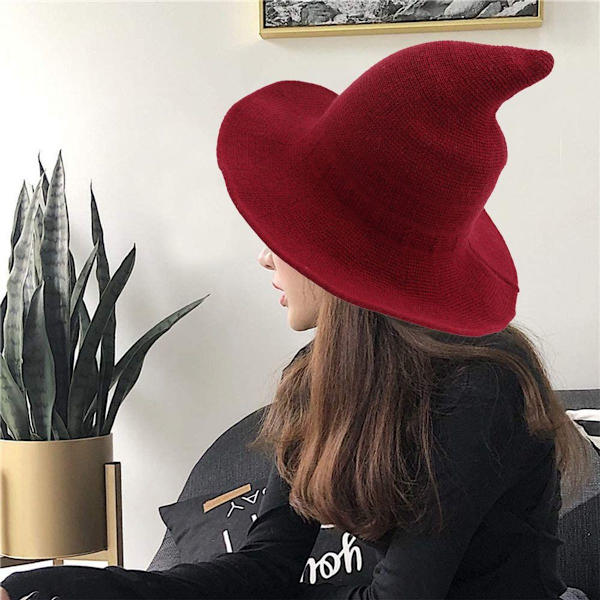 Dame Halloween Heksehat Uld Hat Bred Skygge Spire Strikket Stil 2