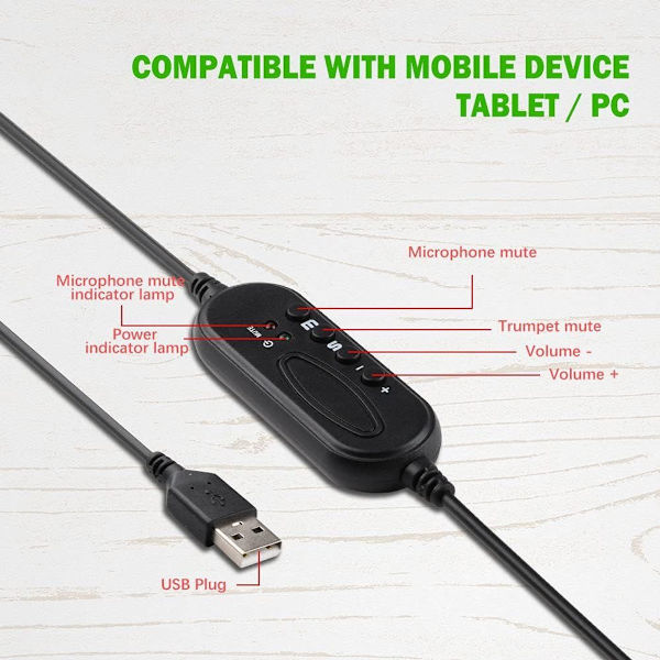 USB-headset, PC-headset med mikrofonbrusreducering & volymkontroll