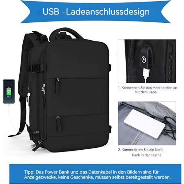 Stor ryggsäck, handbagage ryggsäck, med USB-laddningsport, skofack KLB