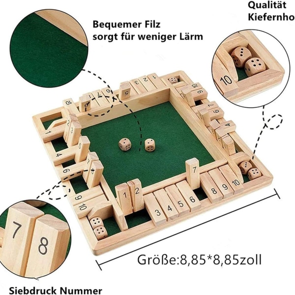 Trettbrett-spill i tre, 4-spiller Shut The Box terningspill matematikk tradisjonell pub KLB