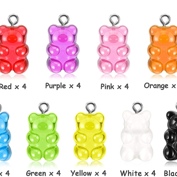 36 stk Fargerike Gummy Bear Charms Resin Bear nøkkelringer