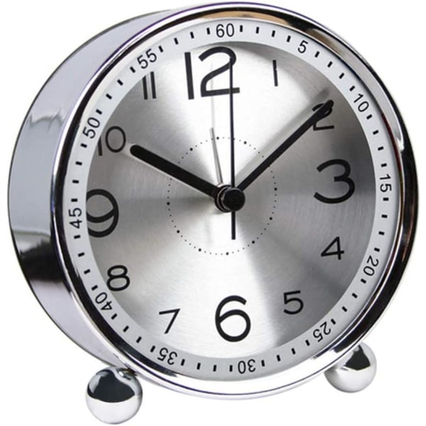 4 tum tyst metallväckarklocka morgon, retro ljudlarm, batteridriven elektromekanisk väckarklocka, reseväckarklocka (silver)