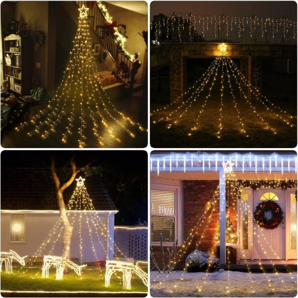 350 LED juletræslyskrans med stjerne, 9*3,5 m hvidt juletræslysgardin, varm hvid udendørs og indendørs juledekoration