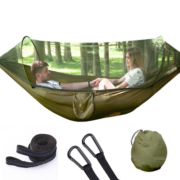 Campinghengekøye med myggnett, 1-2 personer, bærbar og lett, pop-up fallskjerm for utendørs eller camping, reise, strand (250x120 cm/Army Green)