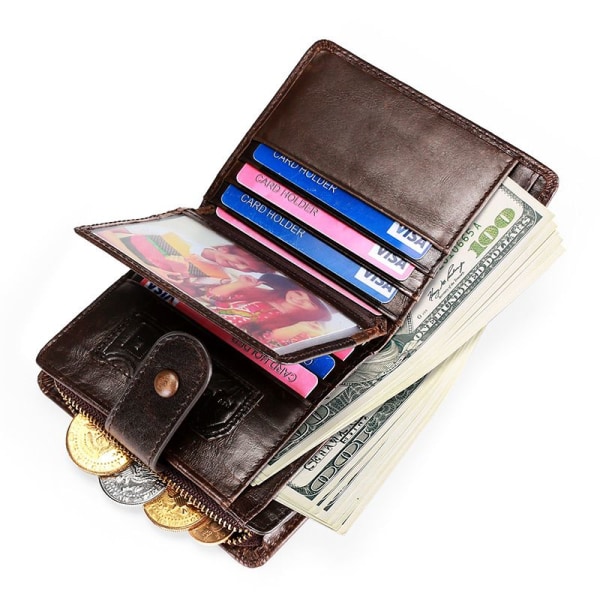 Lommebok for menn i brunt ekte skinn, Minimalistisk myntlomme for menn Liten RFID-blokkerende tredelt lommebokkortholder med myntlomme med glidelås