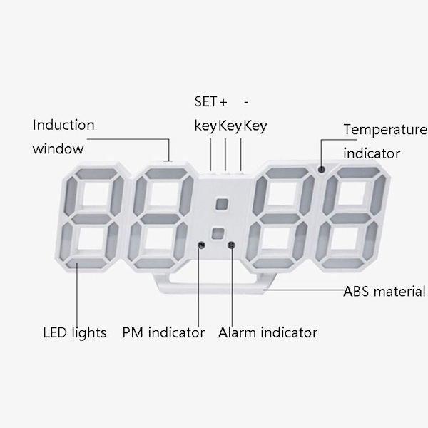 3D Stereo LED Alarmur Stue 3D Vægur Sort Ramme Hvidt Lys
