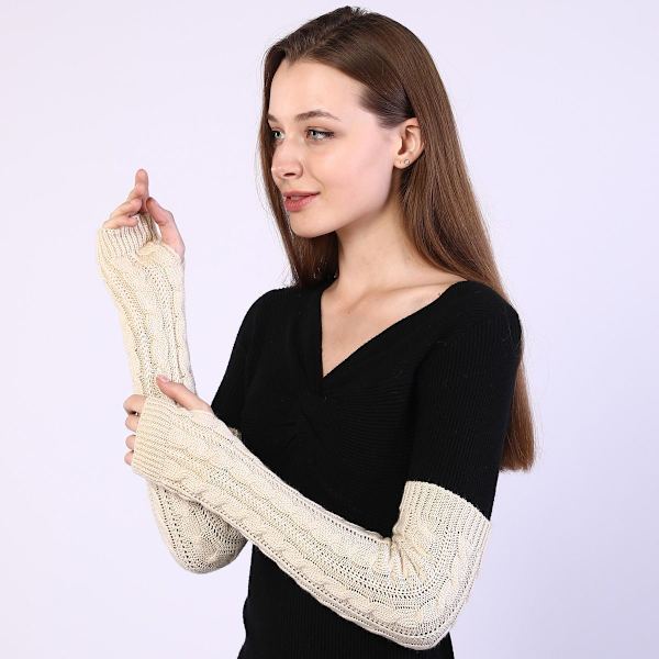 Fingerløse tommelfingerhuller Lange HandskerTwisted Strikvarer Varme Fingre Beige KLB