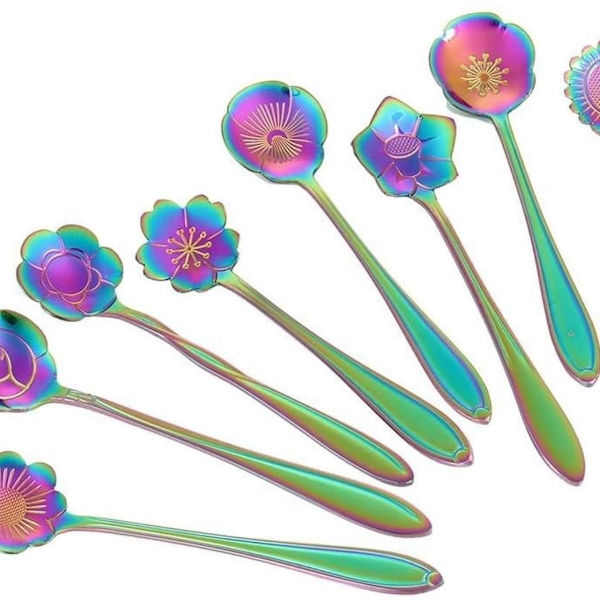 Blomsterskedset, set med 8 teskedar i rostfritt stål, färgglada kaffeskedar KLB