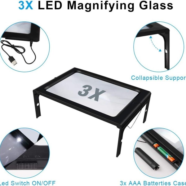 Suurennuslasi valolla, 3x suurentavat lukusuurennuslasit lukulaite A4 12 LED-valolla - KLB