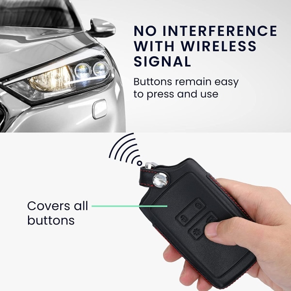 Fodral Kompatibelt med Renault Smart Key 4-knapp (Endast Keyless Go) - Svart-Röd-Äkta Läder Bilnyckelfodral med Nyckelring
