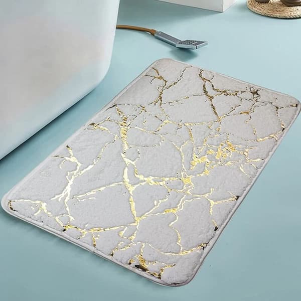 Texturerad badrumsmatta i marmoreffekt, torkar snabbt, halkfri, rektangulär, polyester, badrum, kök, sovrum, vit, 40 x 60 cm KLB