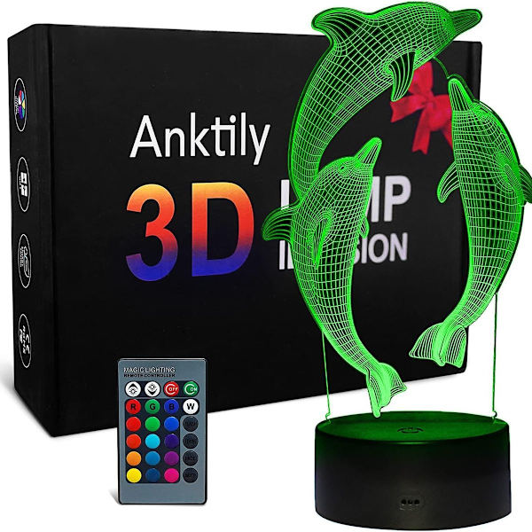 3D delfin natlampe, LED optisk illusion natlampe KLB