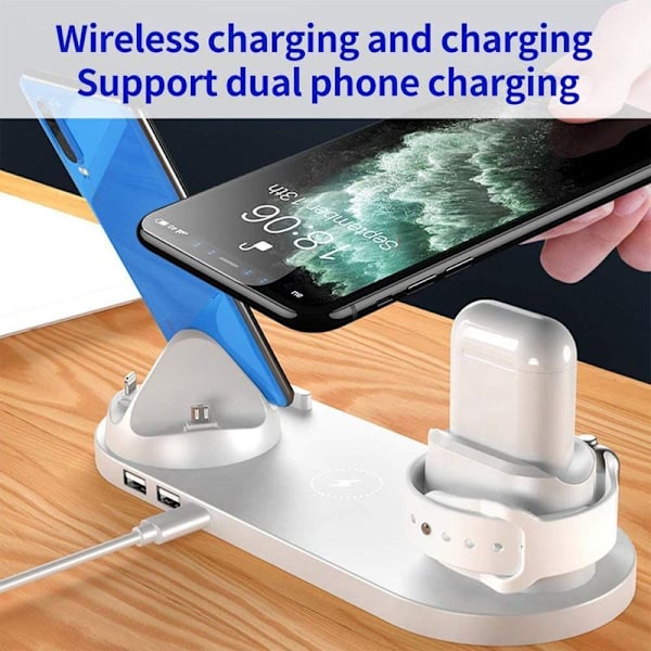 Trådløs oplader, 6 i 1 induktiv opladningsstation med 10W hvid