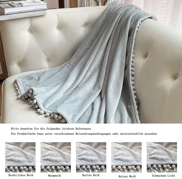 Flanellteppe, pomponger, koselig teppe, sofateppe - fleeceteppe for sofa, hvit