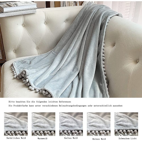 Flannel tæppe, pomponer, hyggeligt tæppe, sofa tæpper - fleece tæppe til sofa, hvid