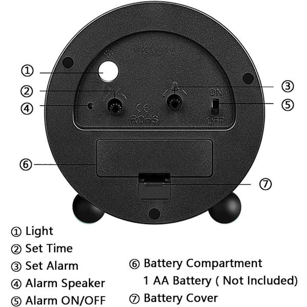 4 tommer super stille ikke-tikende lille ur med natlys, batteridrevet, simpelt design, til soveværelse, sengebord, kontor, (sort)