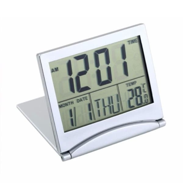 Bärbar, hopfällbar digital resetemperaturväckarklocka med LCD-display