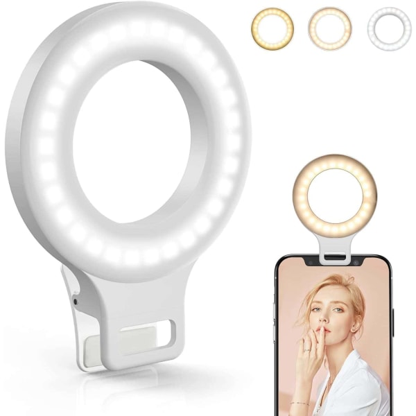 Clip on Ring Light, Genopladeligt 60 LED Selfie Ring Light til telefon, bærbar computer, tablet (3 modeller, 5 lysstyrkeniveauer)