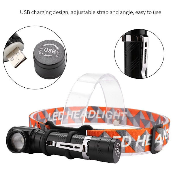 USB-opladelig pandelampe, vandtæt LED-forlygte KLB