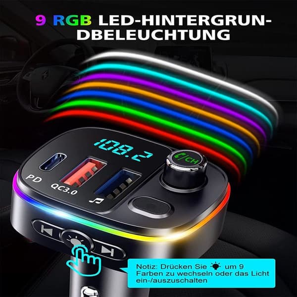 Bluetooth-adapter för bil, PD 18W & QC3.0 FM-sändare Bil Bluetooth 5.0, 9 RGB