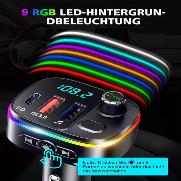 Bluetooth-adapter til bil, PD 18W & QC3.0 FM-sender til bil Bluetooth 5.0, 9 RGB