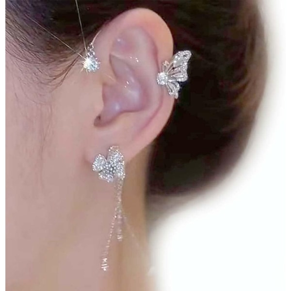 (Silver) Eleganta fjärilsblommiga tofsp örhängen, inga genomborrade flygande fjärilsörhängen, glänsande zirkonfjärilsörhänge