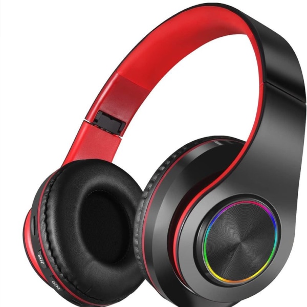 Bluetooth over-ear hodetelefoner, stereo dyp bass, myk svart rød