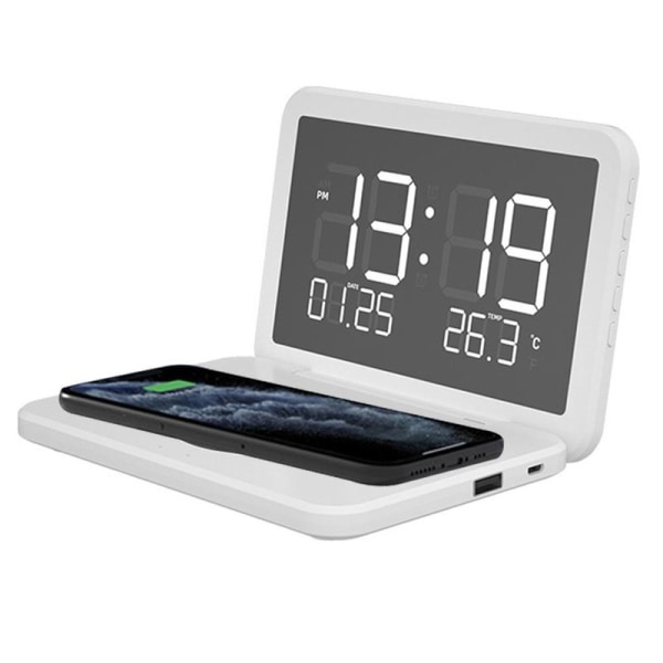 Digital klokke, trådløs ladevekkerklokke med nattlys, Modern Arctic White