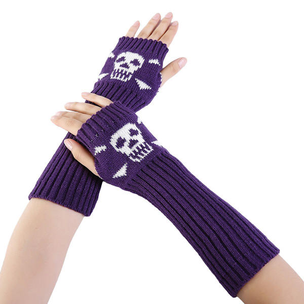 Strikkede lange fingerløse skelethandskar Unisex Halloween Punk A Lilla KLB
